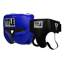 TITLE Boxing Black Leather Sparring Bundle – FTHG Headgear and Deluxe Groin Protector Plus 2.0 Set -Title Boxing Store BNDL61 BL TITLE Boxing Headgear and Groin Protector Bundle