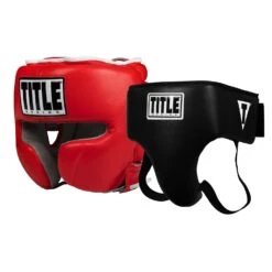 TITLE Boxing Black Leather Sparring Bundle – FTHG Headgear and Deluxe Groin Protector Plus 2.0 Set -Title Boxing Store BNDL61 RD TITLE Boxing Headgear and Groin Protector Bundle