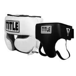 TITLE Boxing Black Leather Sparring Bundle – FTHG Headgear and Deluxe Groin Protector Plus 2.0 Set -Title Boxing Store BNDL61 WH TITLE Boxing Headgear and Groin Protector Bundle
