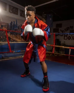 Fighting Sports Full-Length Boxing Robe - Black with White Trim - Professional Entrance Gear -Title Boxing Store FFLRRDBL 1