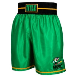 WBC By TITLE Boxing Professional Boxing Trunks - WBC Green Waistband Poly-Satin Competition Shorts -Title Boxing Store wbcbt gn bk 1 1