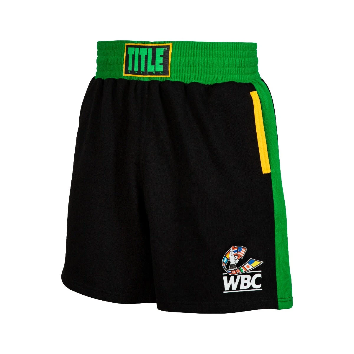 WBC By TITLE Boxing Black Sweat Shorts with Gold Piping β Flags of the World Fleece Training Shorts 1 WBC By TITLE Boxing Black Sweat Shorts with Gold Piping β Flags of the World Fleece Training Shorts